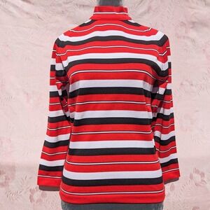 Vtg 60s 70s Mod Stripe Mock Neck Top S/34 Red Black White Poly Knit Long Sleeve